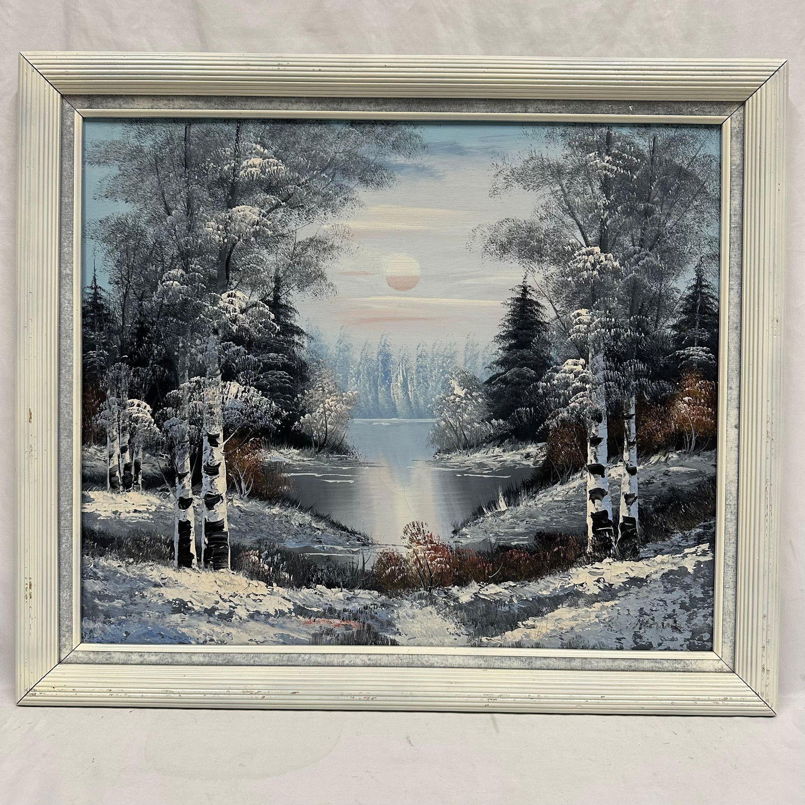 Winter Snow Landscape Oil Painting on Canvas Snowy Birch Trees by River Framed: A vintage oil painting on canvas depicting a peaceful winter landscape with snow-covered birch trees lining a calm river under a soft pastel sky. The composition features layered texture and detailed