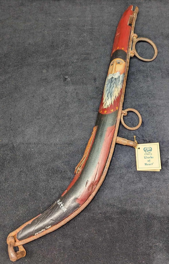 Work Of Heart Hand Painted Horse Collar: Work Of Heart Hand Painted Horse Collar. Here is part of an old horse wooden collar that had been turned into art by "Work Of Heart" . The artist signed the bottom of the collar. This is approx 9" x 1