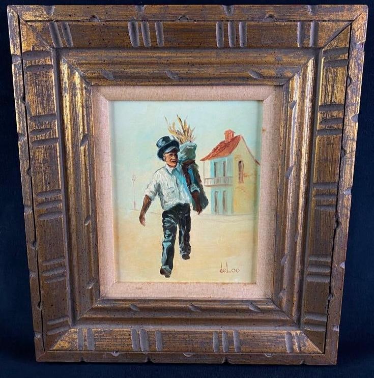 Farmer With Chaff of Wheat - Margaret DeLoo: Man With Chaff of Wheat - Margaret deLoo Oil on canvas, featuring a man carrying a chaff of wheat in the foreground with a farmhouse in the background. Margaret deLoo was a mid-century painter in Lou