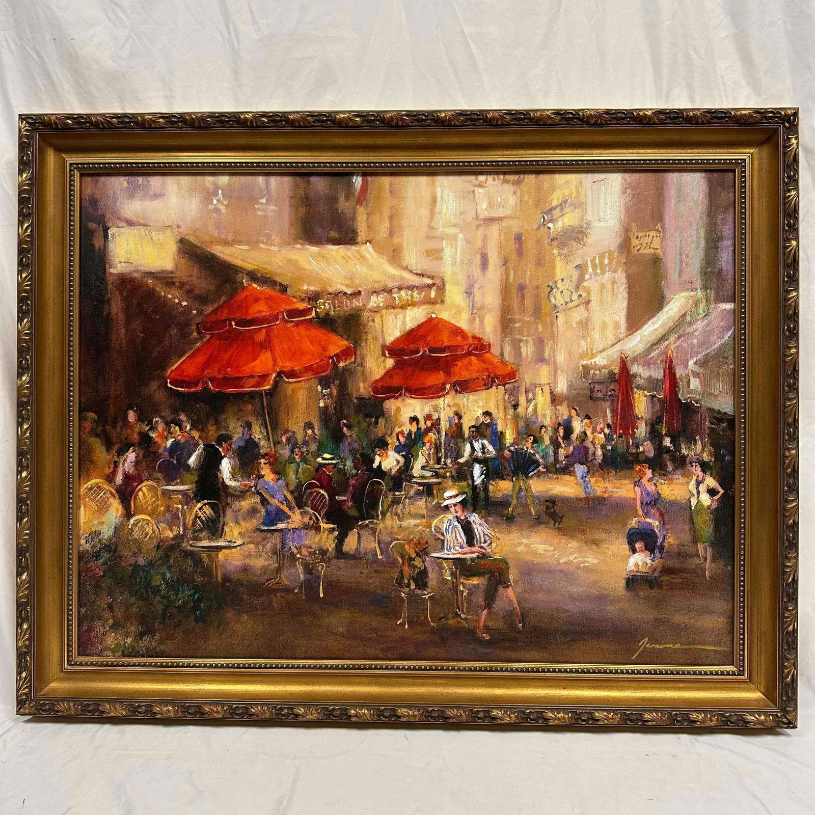 Vieux Carre Signed by Unknown Artist Limited Edition Giclee on Canvas 15/75 French Old Square: Vibrant limited-edition giclee on canvas titled Vieux Carre, hand-signed by unknown artist in the lower right. This lively scene captures the charm of a bustling outdoor cafe with figures, musicians,