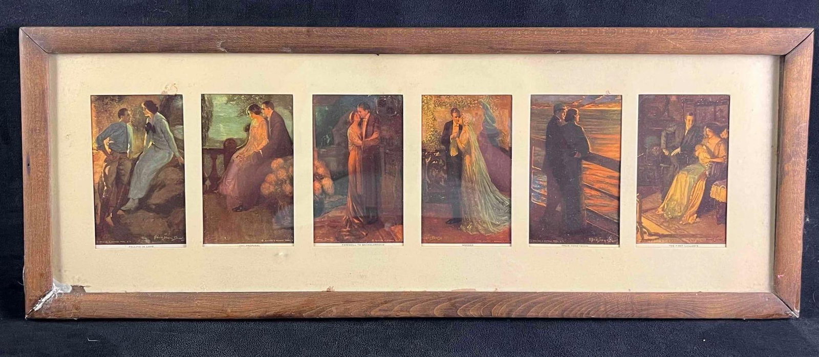 Vintage Framed Illustrations Progression of Life: Vintage Framed Illustrations Progression of Life Shown are six illustrations in one frame showing the progression of a couple's relationship. The frame is not in the best shape but in