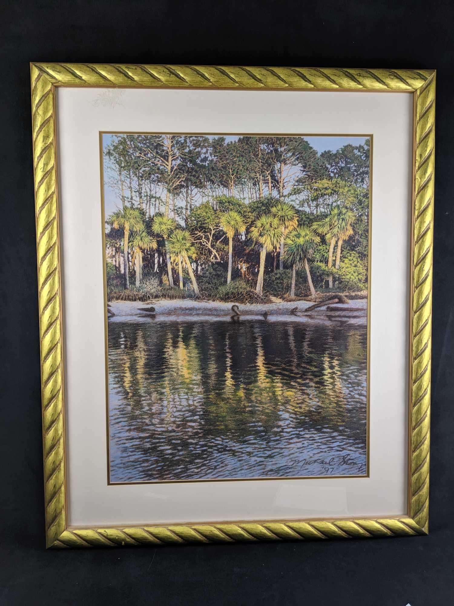 Lagoon Shadows by Michael Story Offset Lithograph: Lagoon Shadows by Michael Story Offset Lithograph Features palm trees and their reflections. Signature is part of the print. Measures approx 34"x42". Image size is 23"x29". Good