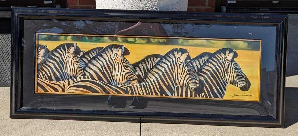 S&N Framed Graeme Stevenson Zebras Giclee Print: S&N Framed Graeme Stevenson Zebras Giclee Print. This one is #22 out of #295. This framed print is approximately 54" x 1 1/4" x 22 3/4" and it weighs 10.50 lbs. The frame and plex has some scratches a