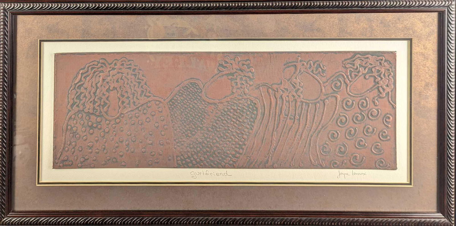 "Gurlfriends" By Joyce Lomax: "Gurlfriends" By Joyce Lomax. This is an framed pressed copper art piece. The framed copper piece is approx 31 3/4" x 3/4" x 15 3/4" and it weighs 6.5lb. Unframed (copper and