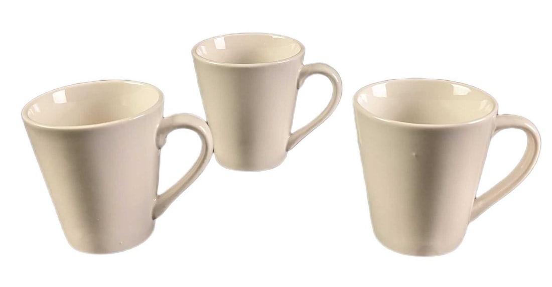 Three SALT White Porcelain Mugs: Three SALT White Porcelain Mugs. Each mug is approx 5" x 3 1/2" x 4" and altogether they weigh approx 3.02lbs. Each mug is in a good, used condition with some wear on the bottom and an
