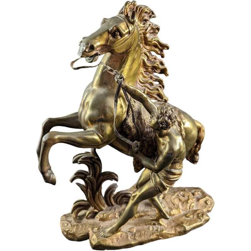 JB Vintage Brass Coustou Marly Horse Reproduction: Here is a vintage brass horse and man figure based on the much larger (and marble) sculpture that had been commissioned by Louis XV of France and created by the artist Guillaume Coustou.