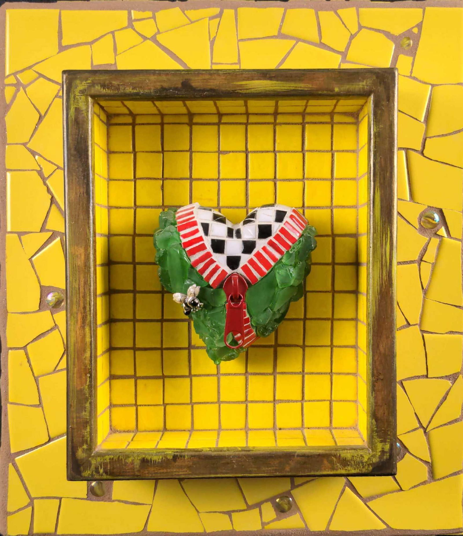 Claudia Pandolfi Mixed Media Mosaics Heart X1: This is Claudia Pandolfi's "Adventurer" which combines acrylic painting, inlaid mosaic tile, and sculptural elements. This is approx 14 1/2" x 4" x 16 1/2". This was signed on the back.