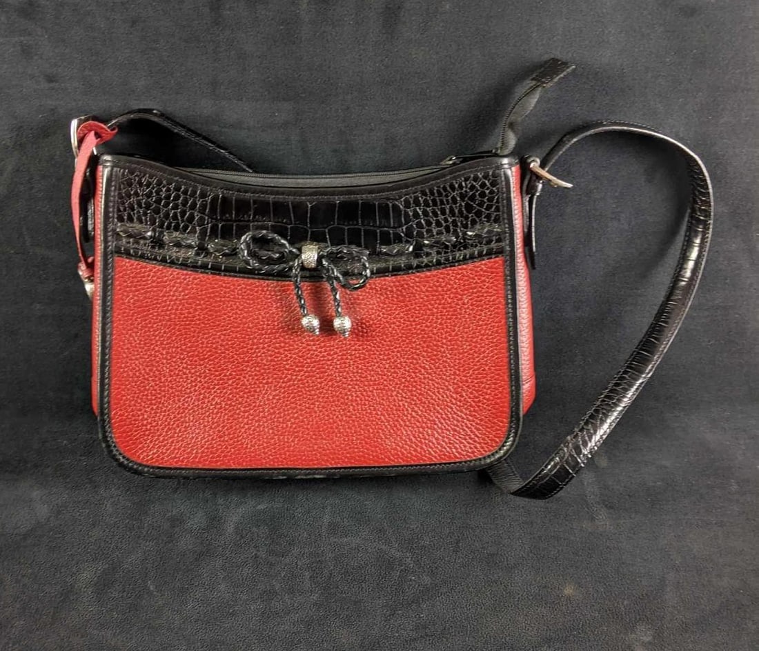 Brighton Leather Handbag Red and Black Pebble Leather: Brighton Leather Handbag Red and Black Pebble Leather This charming handbag is a red and black pebbled leather bag. The black leather is not real crocodile skin but it is leather embossed with a
