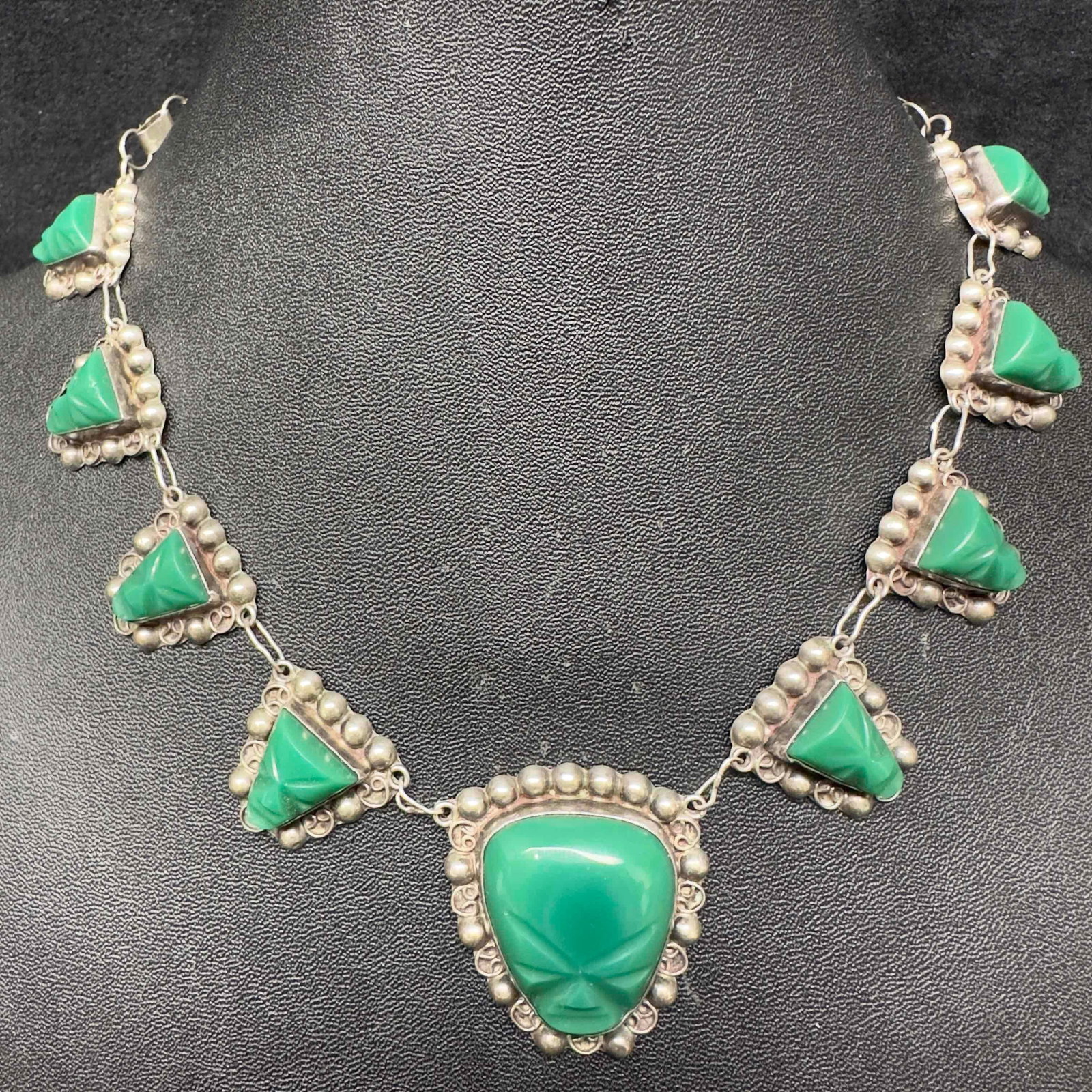 Sterling Silver Carved Green Onyx Face Multiple Faces Motif Necklace Mexico (1 of 12)