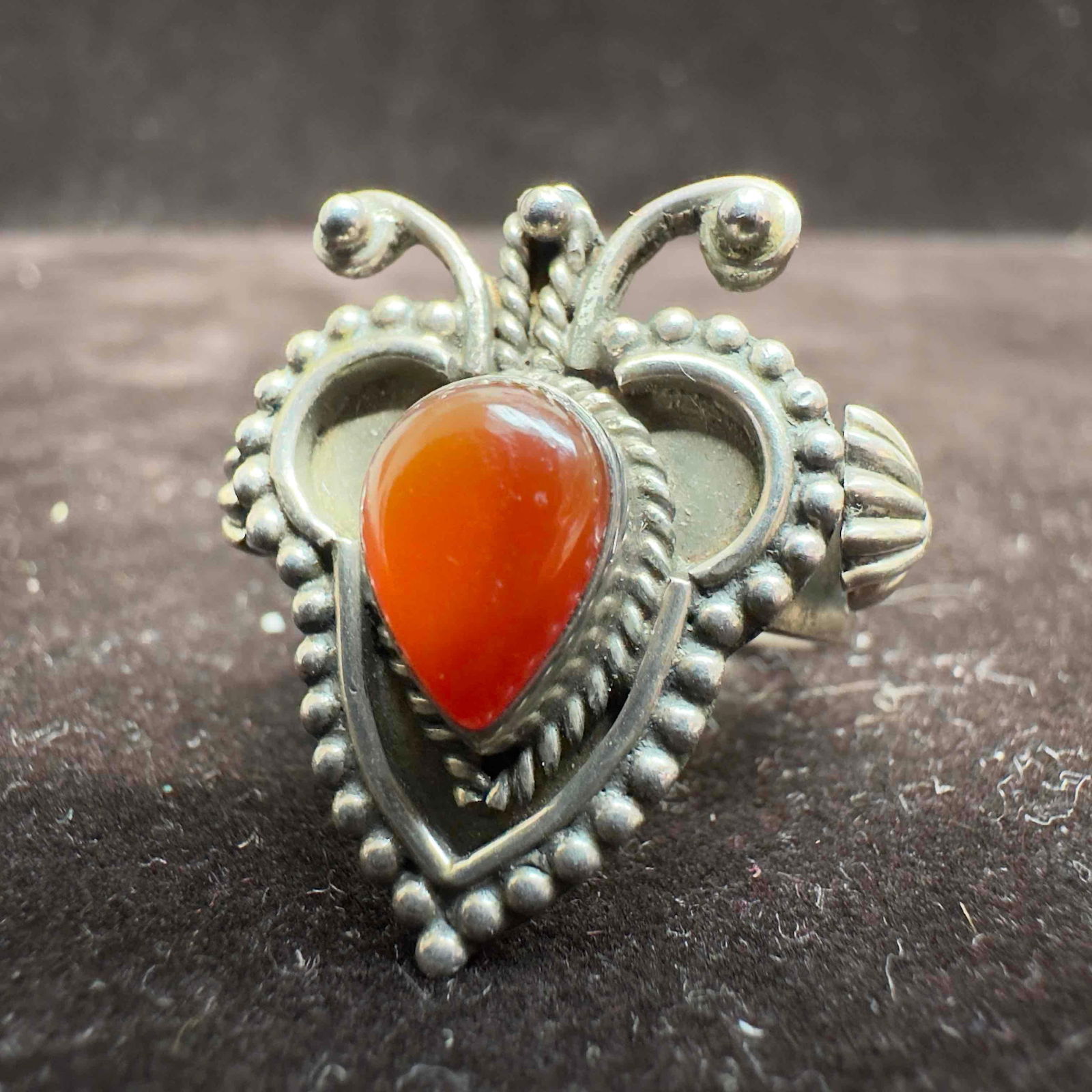 Ornate Beaded Carnelian Cabochon Sterling Silver Artisan Ring: This item is in good pre-owned, previously used/displayed condition with noticeable light wear, and surface scratches. Please reference all photos for full details. This piece of jewelry has been