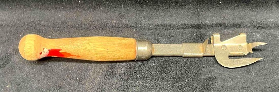 Vintage A&J Can/Bottle Opener: This lot contains a Vintage A&J Can/Bottle Opener. Made in USA. It is approx 8" x 1 12" x 3/4". Total weight is approx 2.3oz. Overall the vintage A&J can/bottle opener is in average pre owned conditio