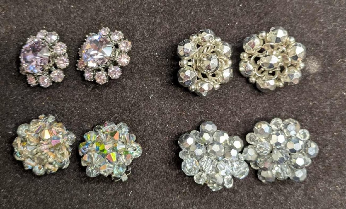 Vintage AB Crystal Rhinestone German Unsigned Brooch Pin Lot Of 4: Vintage AB Crystal Rhinestone German Unsigned Brooch Pin Lot Of 4. This lot includes: (1) Set Of Unsigned Rhinestone Silver Tone Clip On Earrings. Each is approx 1" x 1" x 1/2".(1) Set Of