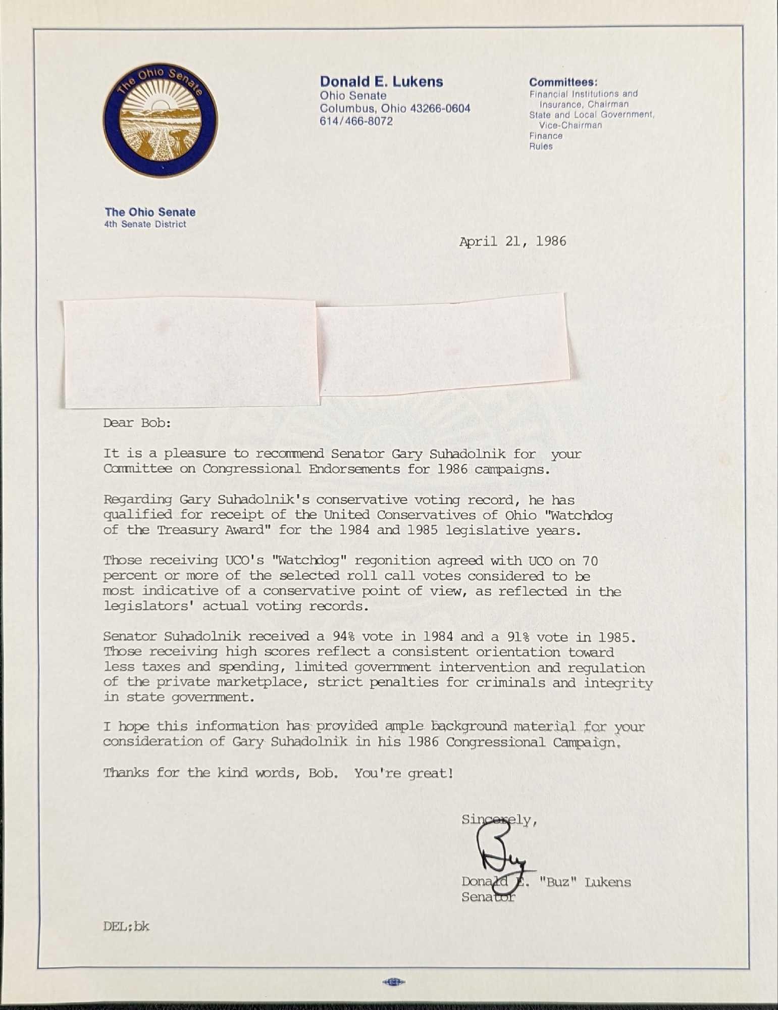Signed Senator Donald "Buz" Lukens Letter (1 of 3)