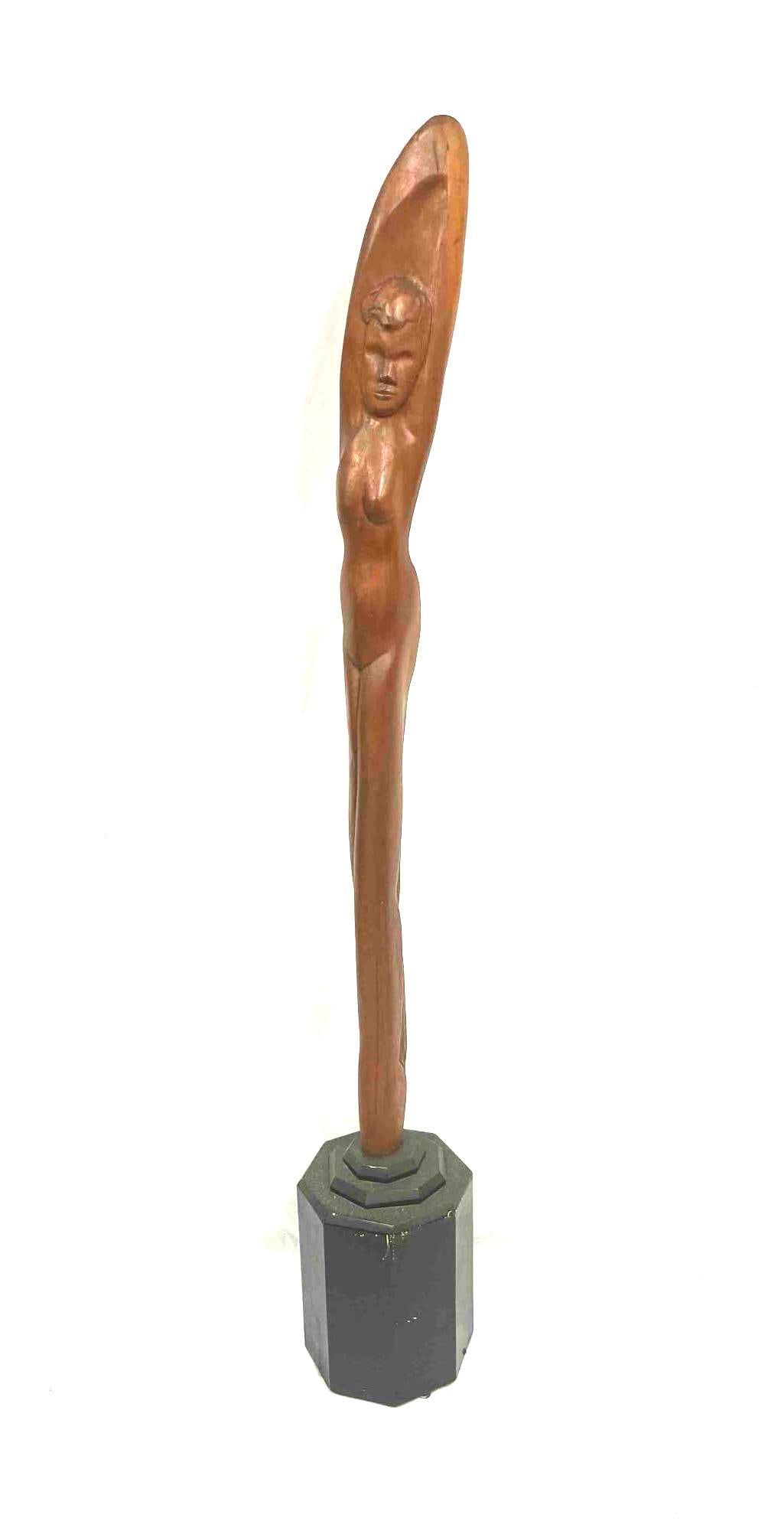 Mid Century Modern Wood Carved Sculpture Nymph Nude Woman 62" Tall: This lot contains a Mid Century Modern Wood Carved Sculpture Nymph Nude Woman 62" Tall. Nymphs are personifications of nature associated with natural elements and phenomena. The sculpture shows a