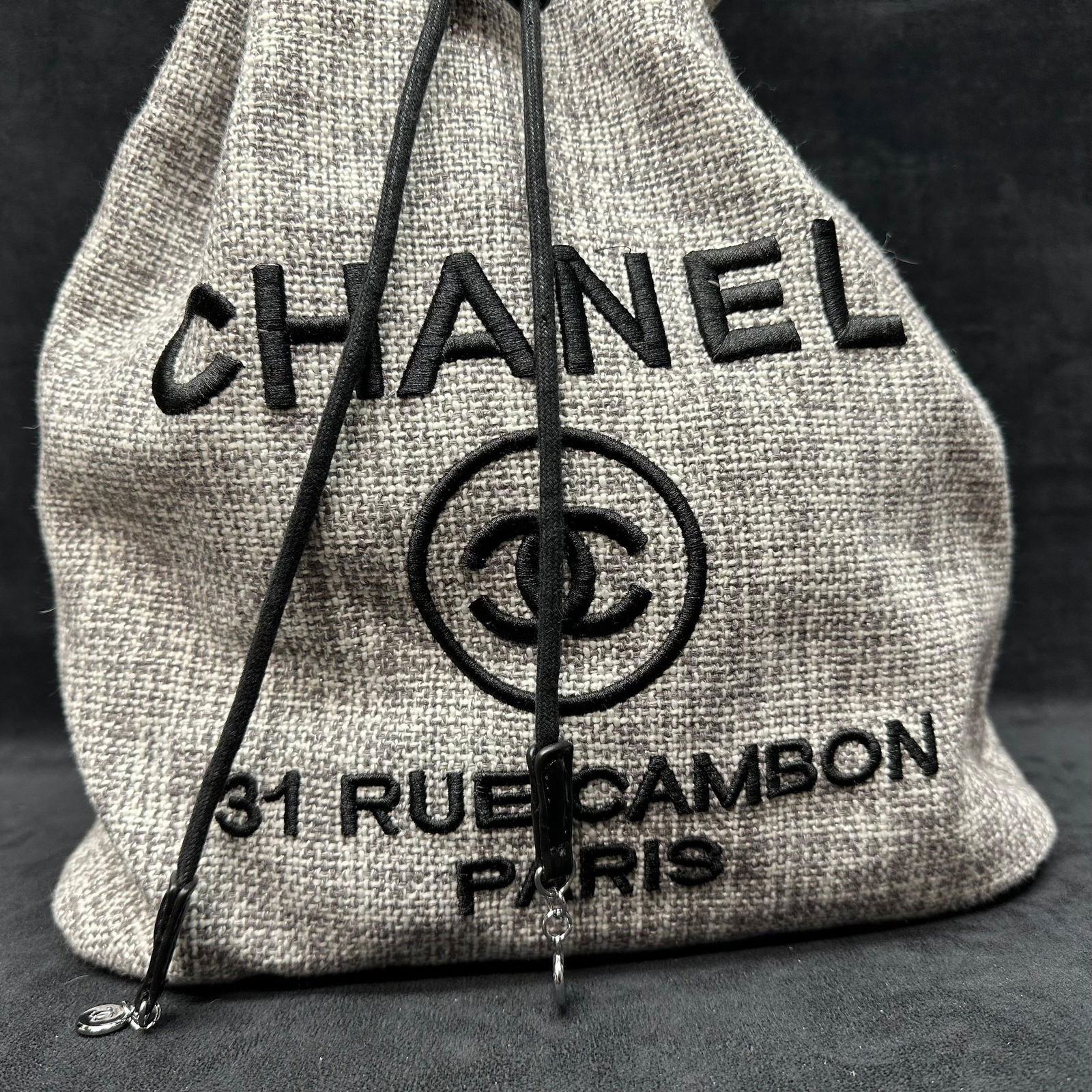 Designer Inspired Canvas Drawstring Backpack Black and Gray - 4