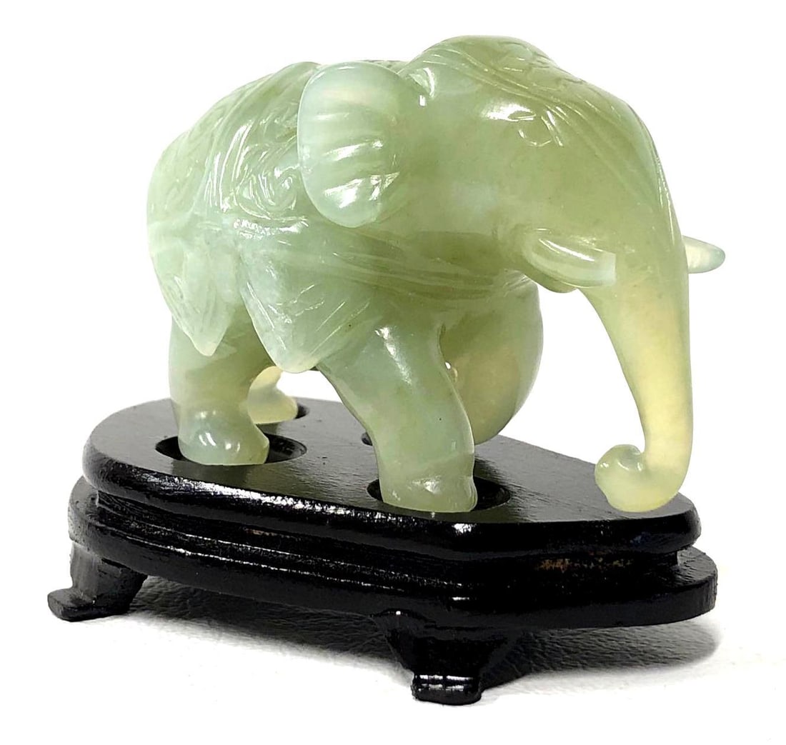 Mini Ceremonial Dress Elephant Sculpture with Wood Stand - Carved Jade (1 of 9)