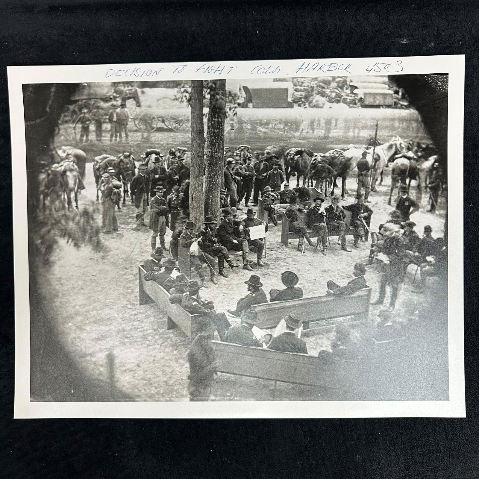Decision to Fight at Cold Harbor 1863 Civil War Command Meeting Silver Gelatin Print: Black and white analog photograph print, printed on pearl resin-coated photo paper, depicting Union officers gathered in council during the American Civil War. Handwritten notation across the top read