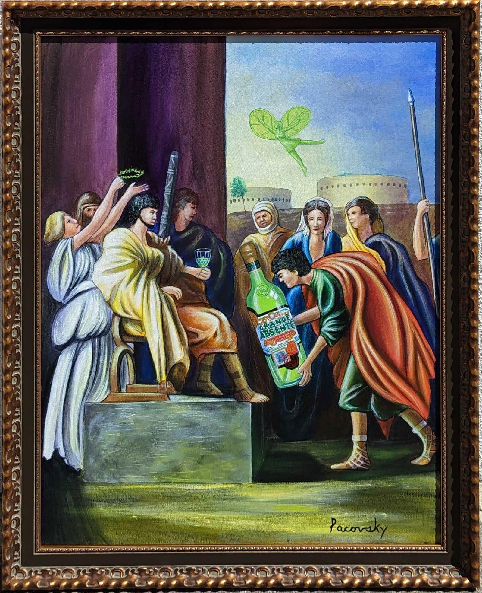 John Pacovsky Acrylic On Canvas Absente Absinthe: John Pacovsky Acrylic On Canvas Absente Absinthe. This was inspired by Nicolas Poussin's "Clarity, Logic & Order". The framed original that was Commissioned by Absente brand