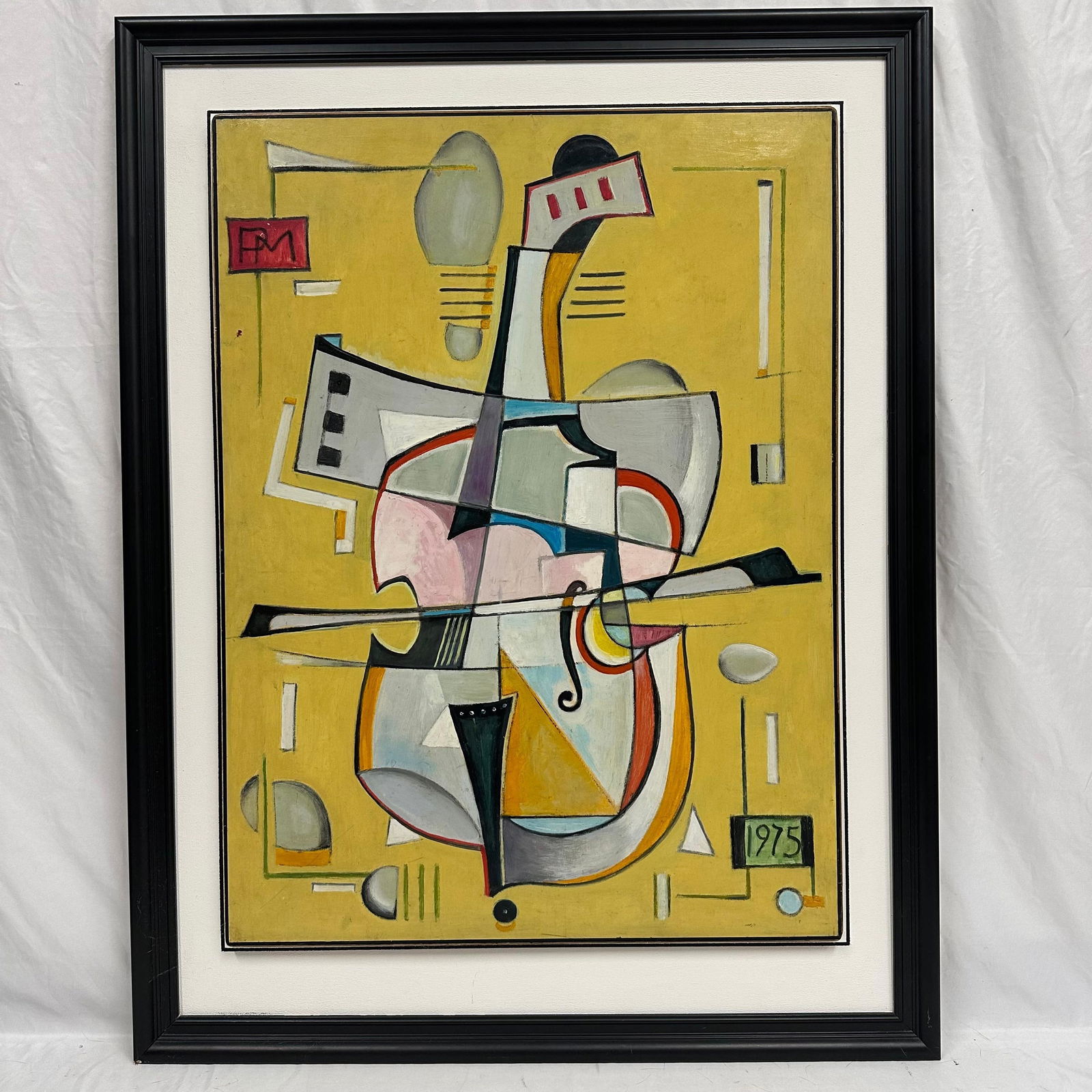 Abstract Modernist Painting Signed PM Dated 1975 Framed Violin Design Painted Wood Board: Abstract modernist composition featuring geometric and biomorphic forms in muted tones on a yellow ground. A violin-type design shape. The work is signed with the monogram PM at upper left and dated
