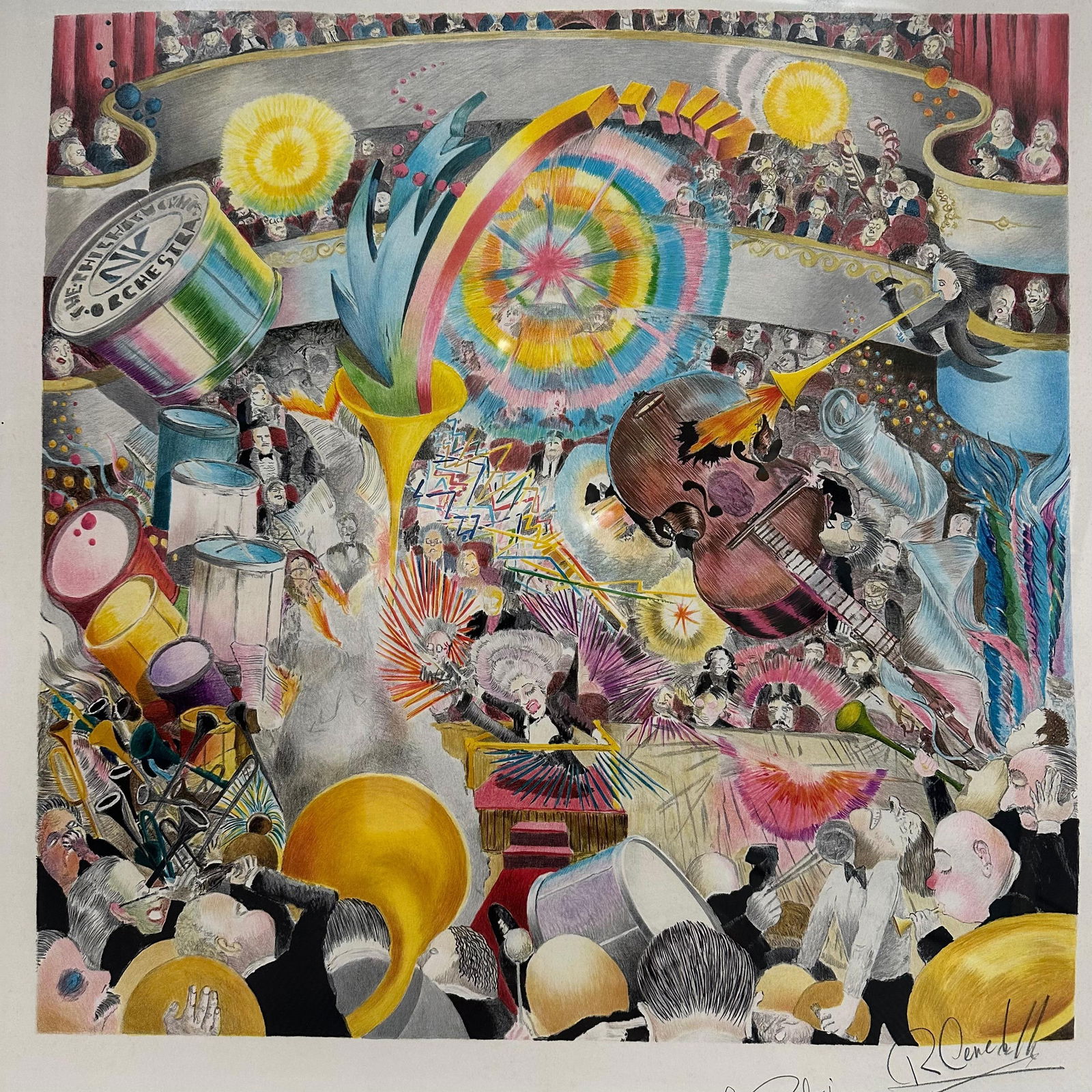 Robert Cenedella Signed Surrealist Orchestra Scene Print Framed The Symphony: Color print depicting a vibrant surrealist orchestral performance scene, signed lower right by Robert Cenedella. The composition features a dynamic concert hall setting with musicians, instruments,