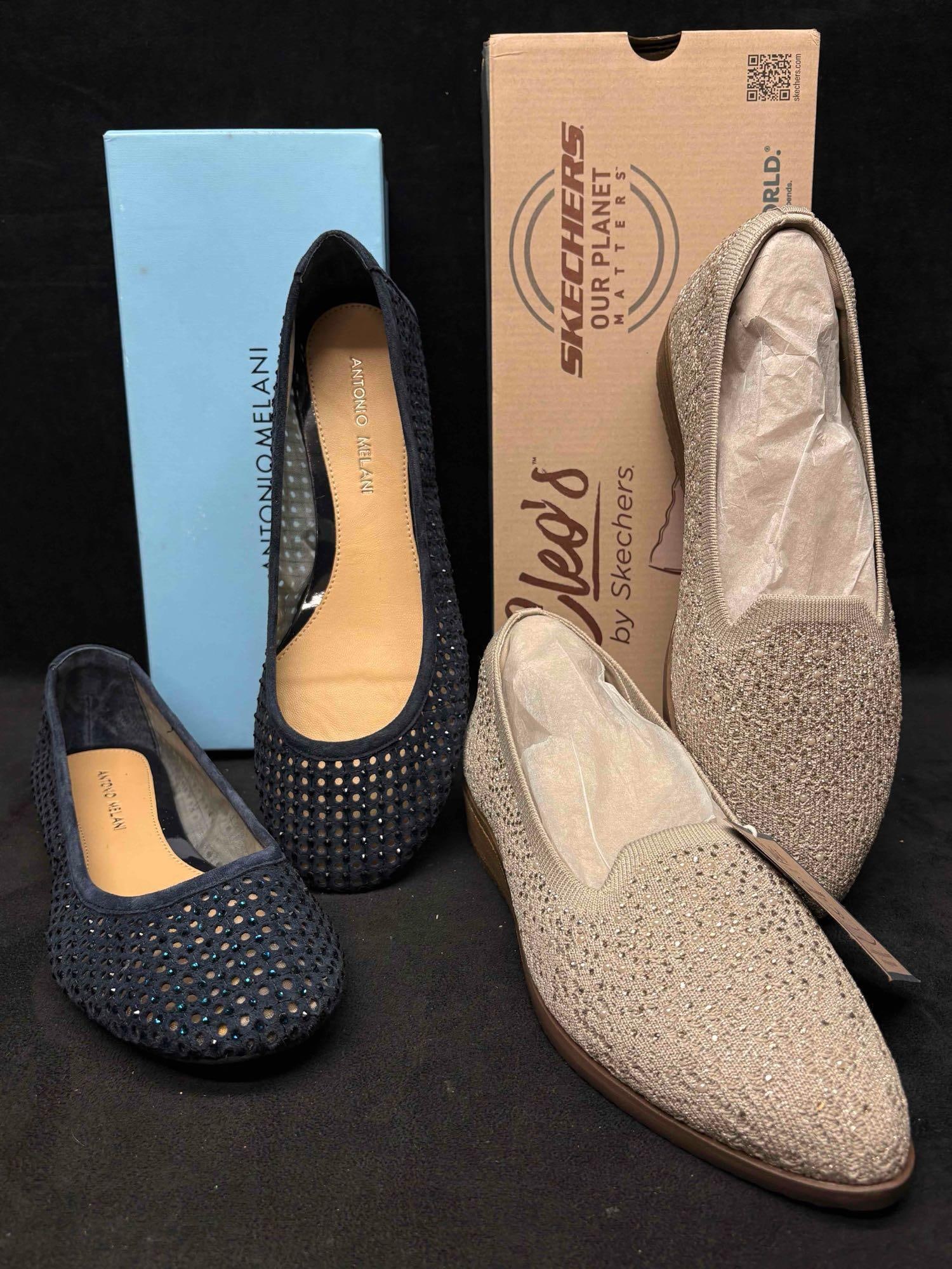 Antonio Melani Blue Rhinestone Flats and Skechers Cleo Taupe Knit Shoe Bundle: Sitting in brand-new to like-new conditions, this bundle consists of orthopedic, comfort-focused Women's shoes. Still in their original boxes, both flats are in good shape with no
