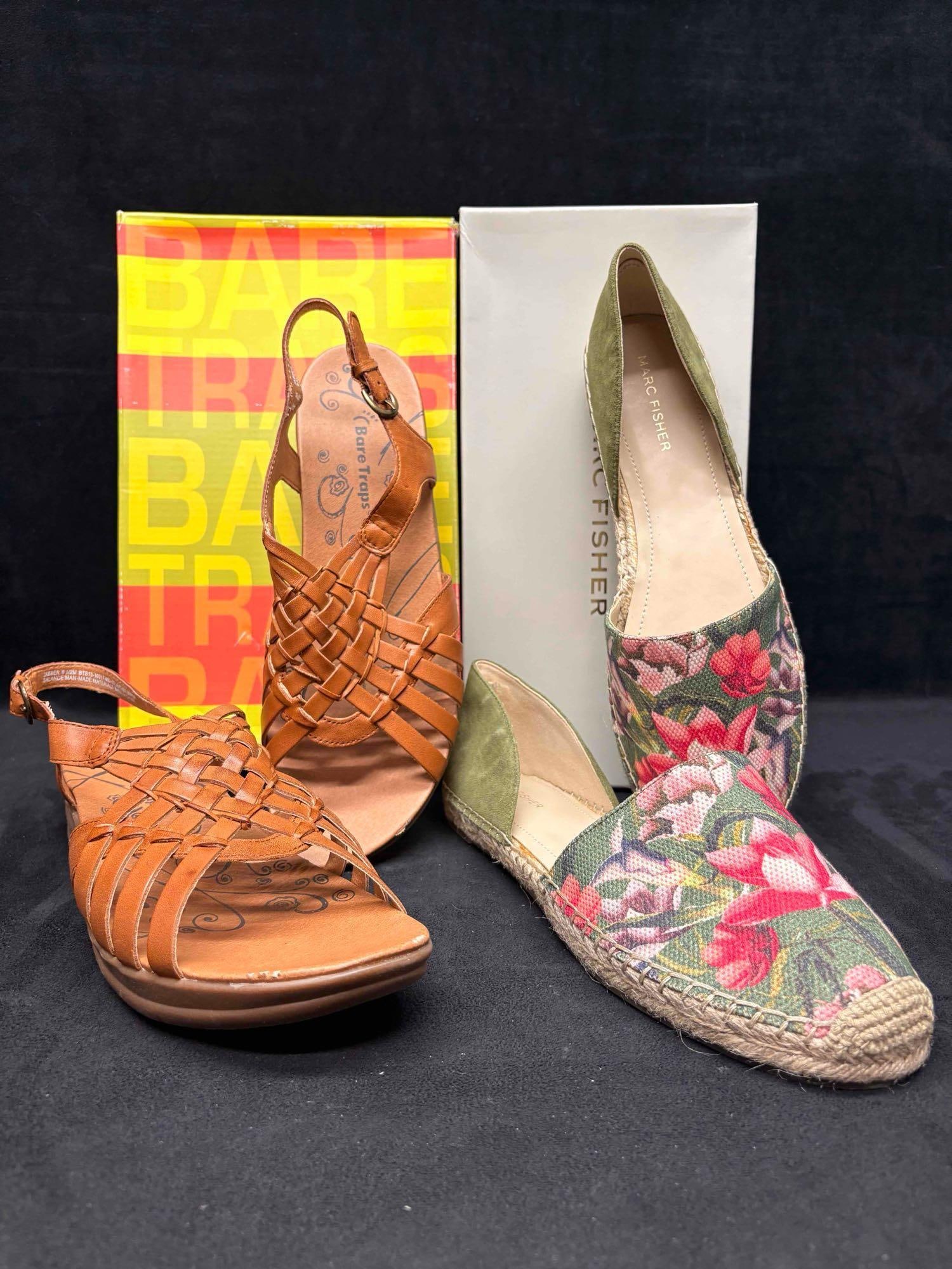 Marc Fisher Floral Espadrilles and Baretraps Woven Huarache Sandal Bundle: Sitting in brand-new to like-new conditions, this bundle consists of orthopedic, comfort-focused Women's shoes. Still in their original boxes, both shoes are in good shape with no