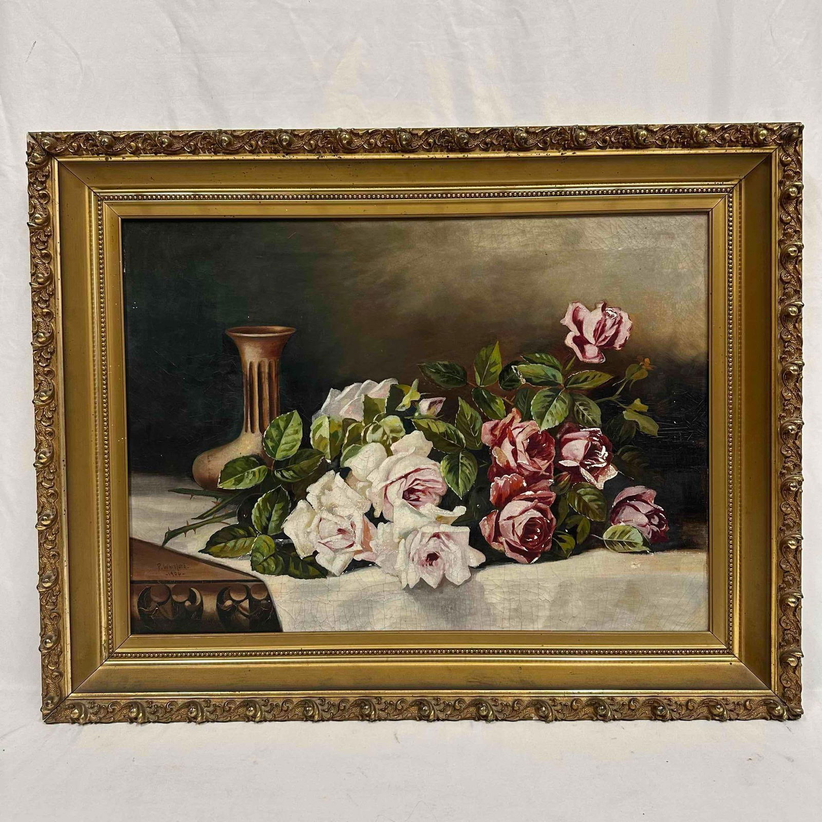 P. Whitford 1906 Oil Painting on Canvas Framed Floral Flower Center Piece Still Life 19th Century (1 of 10)