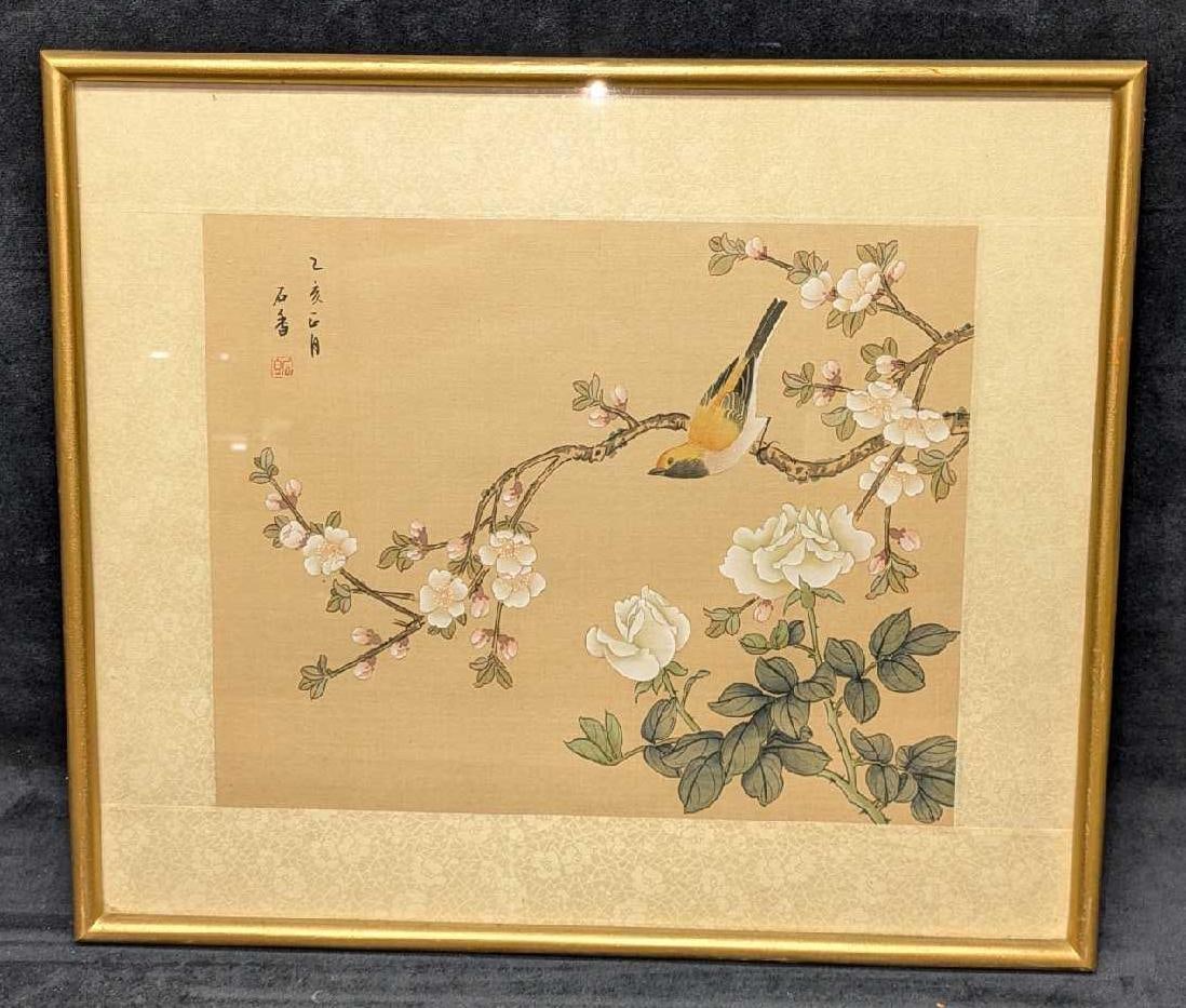 Framed Vintage Watercolor On Silk Bird & Flowers (1 of 4)