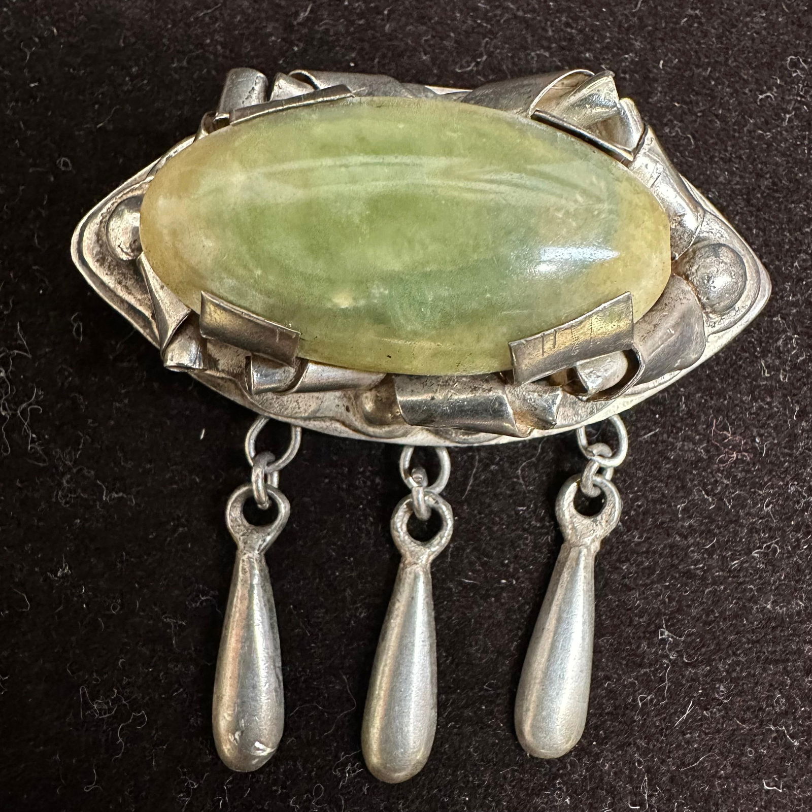 Green Calcite Cabochon Silver Brooch Silverwork Dangle - 5