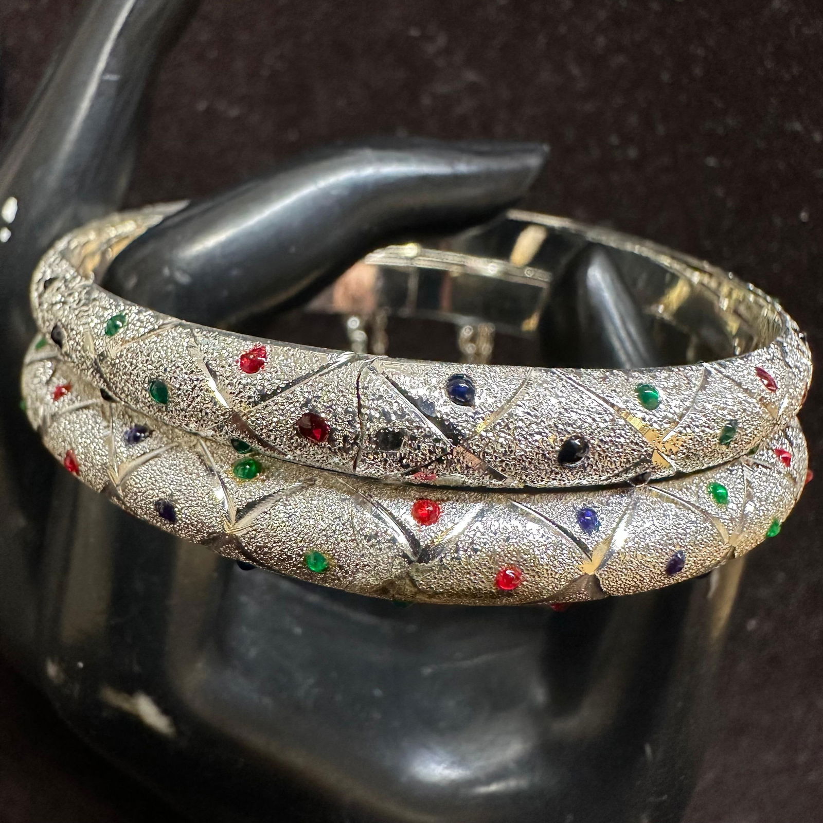 Blue Red and Green Enamel Dotted Textured Sterling Silver 925 Bracelet Set N68 (1 of 8)