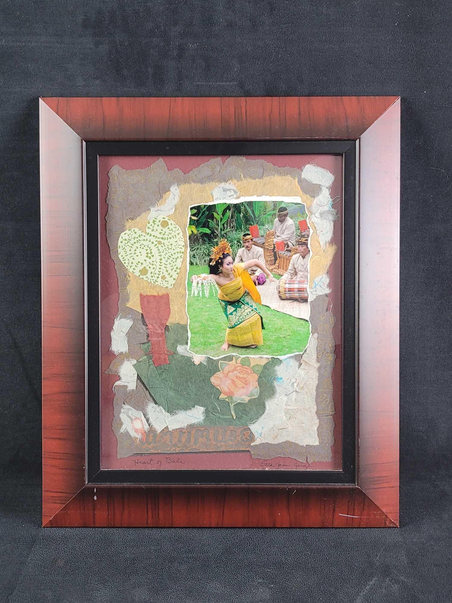 Original Heart of Bali Etta Jean Juge Mixed Media: Mixed Media art by Etta Jean Juge, titiled "Heart of Bali". Photo art is framed and ready to hang. In good condition with some scuffs on the frame. Approx. 15 1/2" x 18 1/2", weight