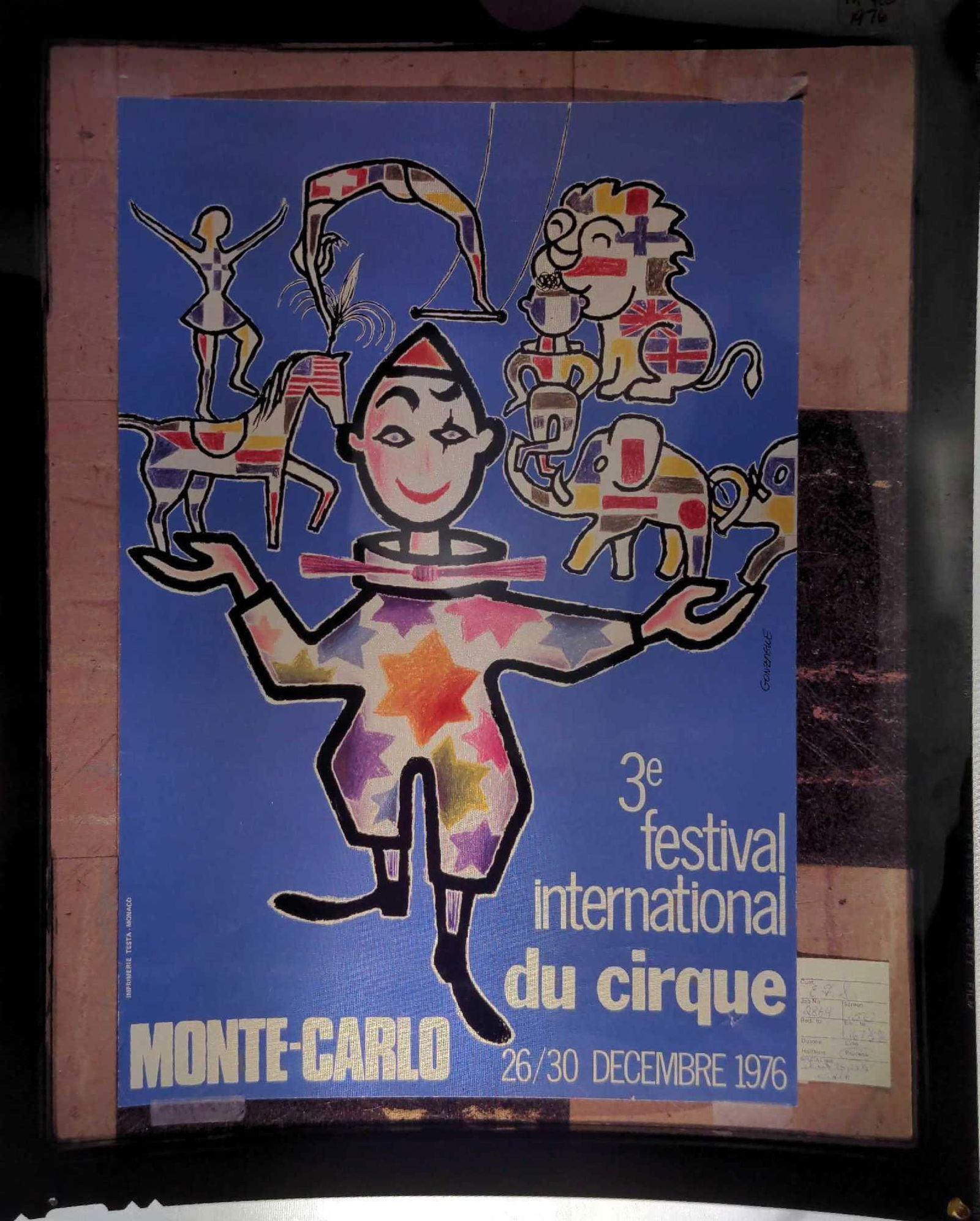 3e Festival International Du Cirque Transparency Monte Carlo Flags: Here is an original Kodak Ektachrome Duplicating Film Transparency of a poster for the "3e Festival International Du Cirque". It shows a colorful clown with other acts behind him that are marked with