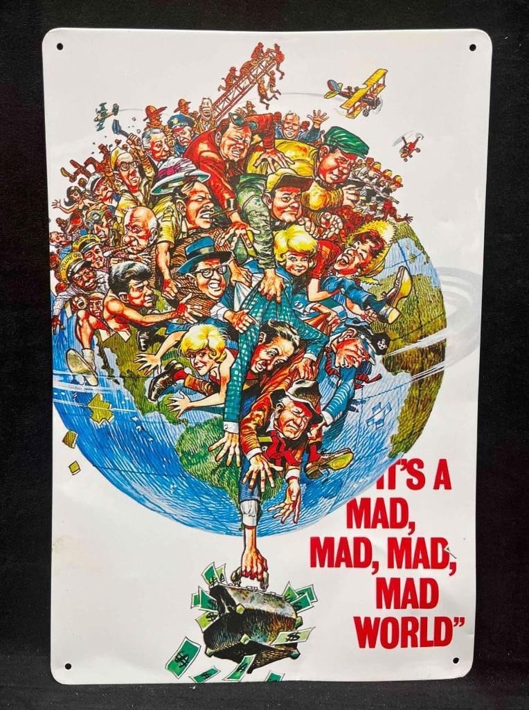 Retro Metal Tin "It's A Mad Mad Mad World Movie Sign": Retro Metal Tin "It's A Mad Mad Mad World Movie Sign". It is approx 11 3/4" x 7 3/4". Total weight is 0.2lbs. Overall the retro tin sign is in good used condition with some minor surface wear