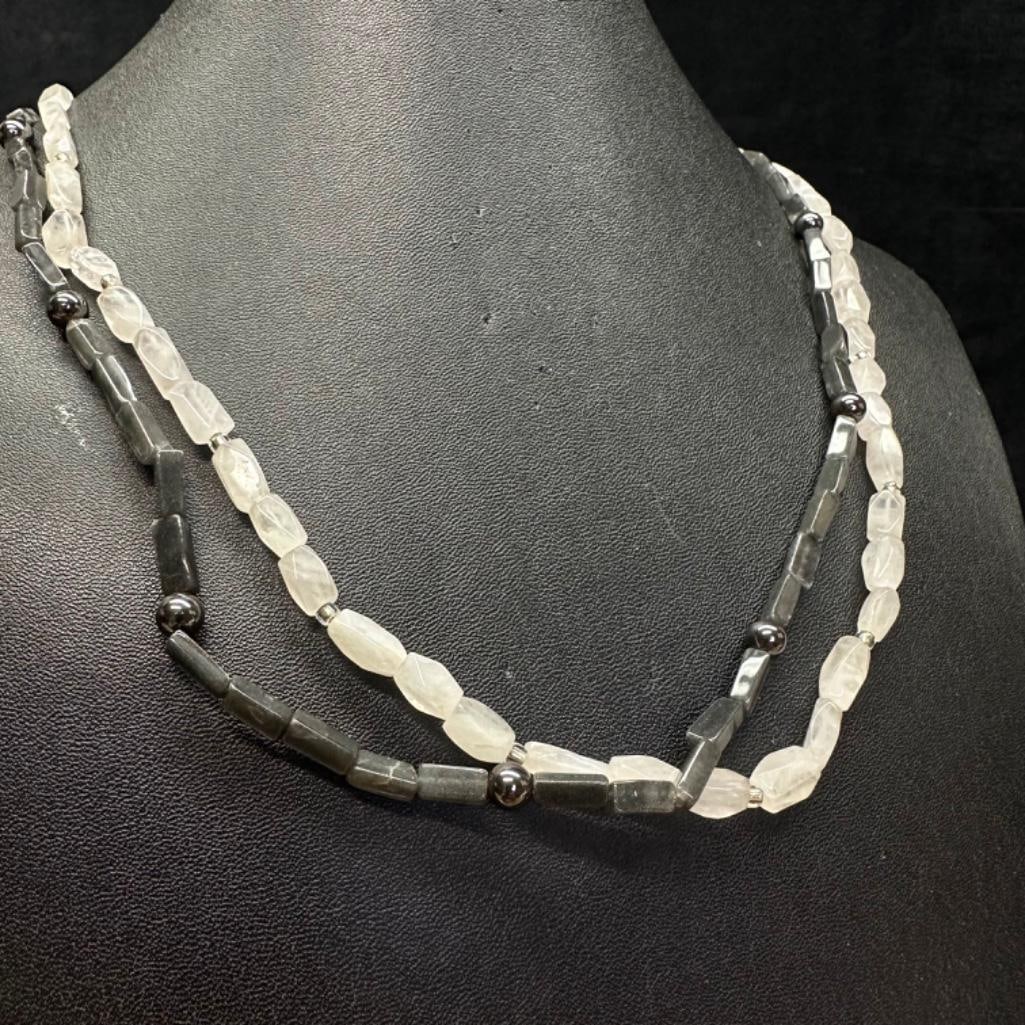 Sterling Silver White & Gray Stone Necklace: This piece of jewelry has been tested and researched prior to listing. Please view all our pictures they are part of our description. DETAILS: Metal - Sterling Silver Color -Silver Stones - none Hall