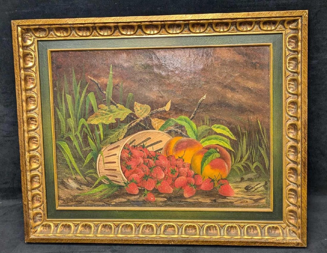 Vintage Acrylic On Canvas Still Life Peaches And Strawberries (1 of 6)
