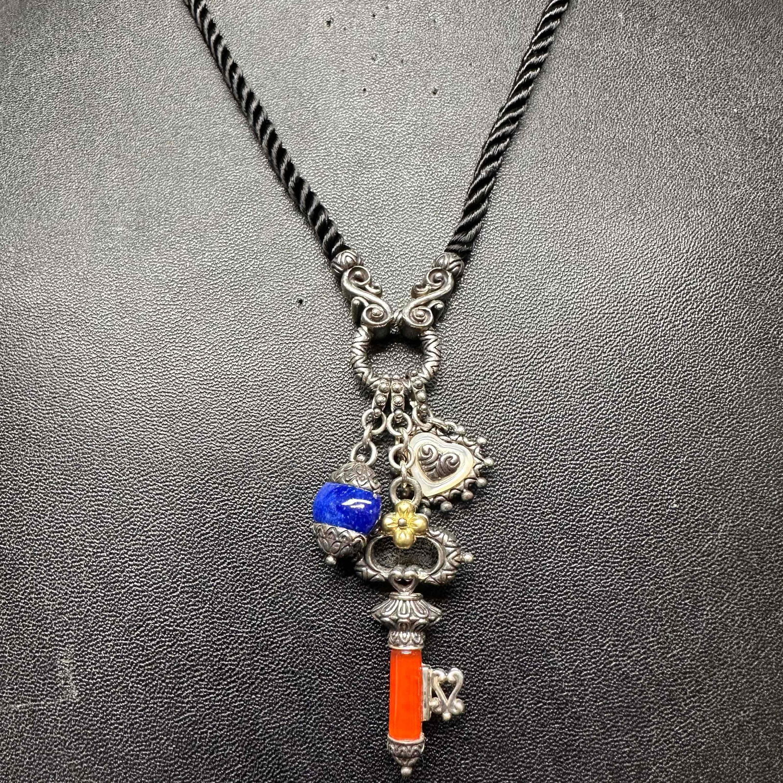 Barbara Bixby Carnelian Lapis 18K Gold Sterling Silver Charm Pendant Necklace: This item is in good pre-owned, previously used/displayed condition with noticeable light wear, and surface scratches. Please reference all photos for full details. This piece of jewelry has been test