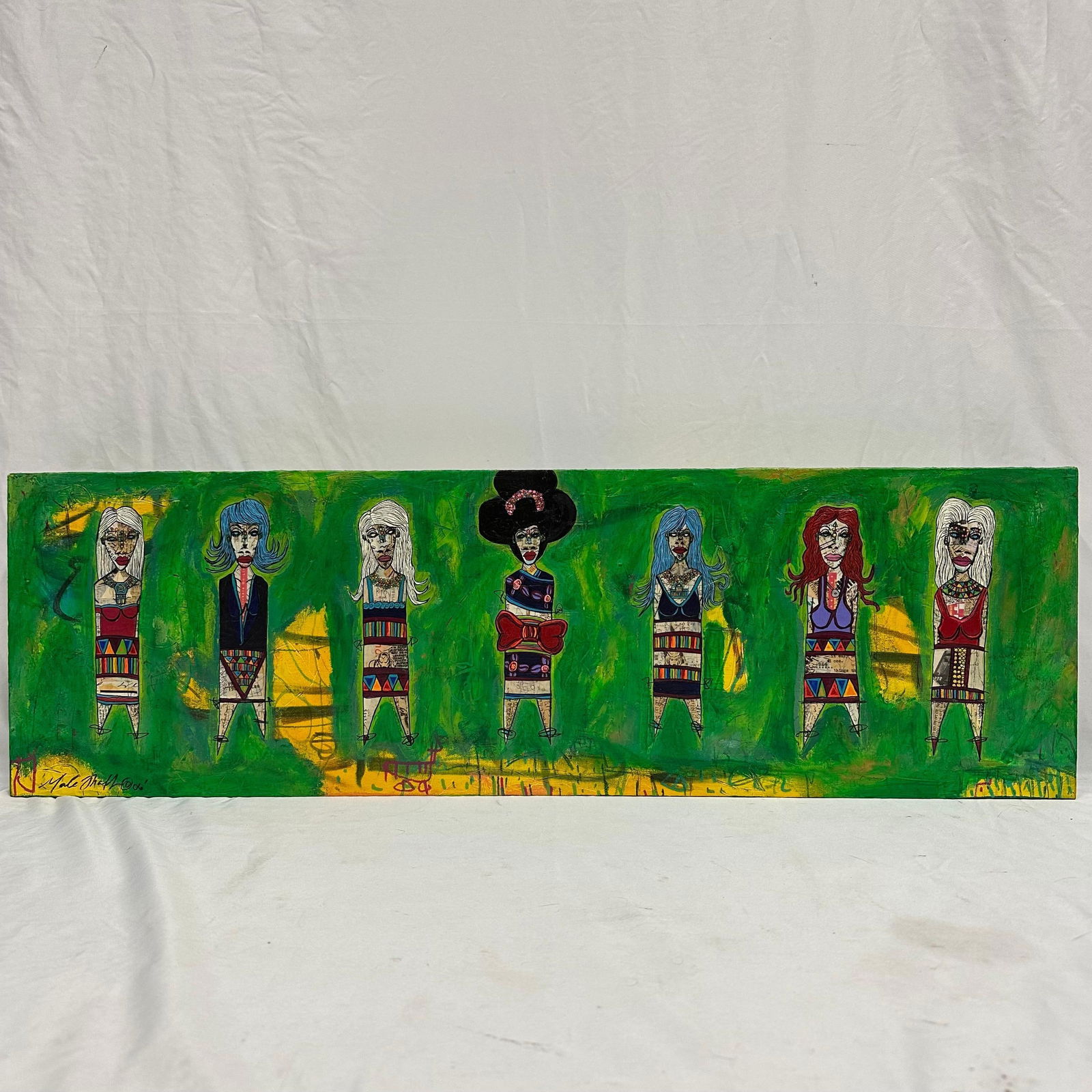 The Bachelorettes of Leap Year 2006 Acrylic and Mixed Media on Canvas Artwork: Original acrylic and mixed media painting on stretched canvas depicting a horizontal composition of stylized female figures against a vivid green ground. The work is titled The Bachelorettes of Leap Y