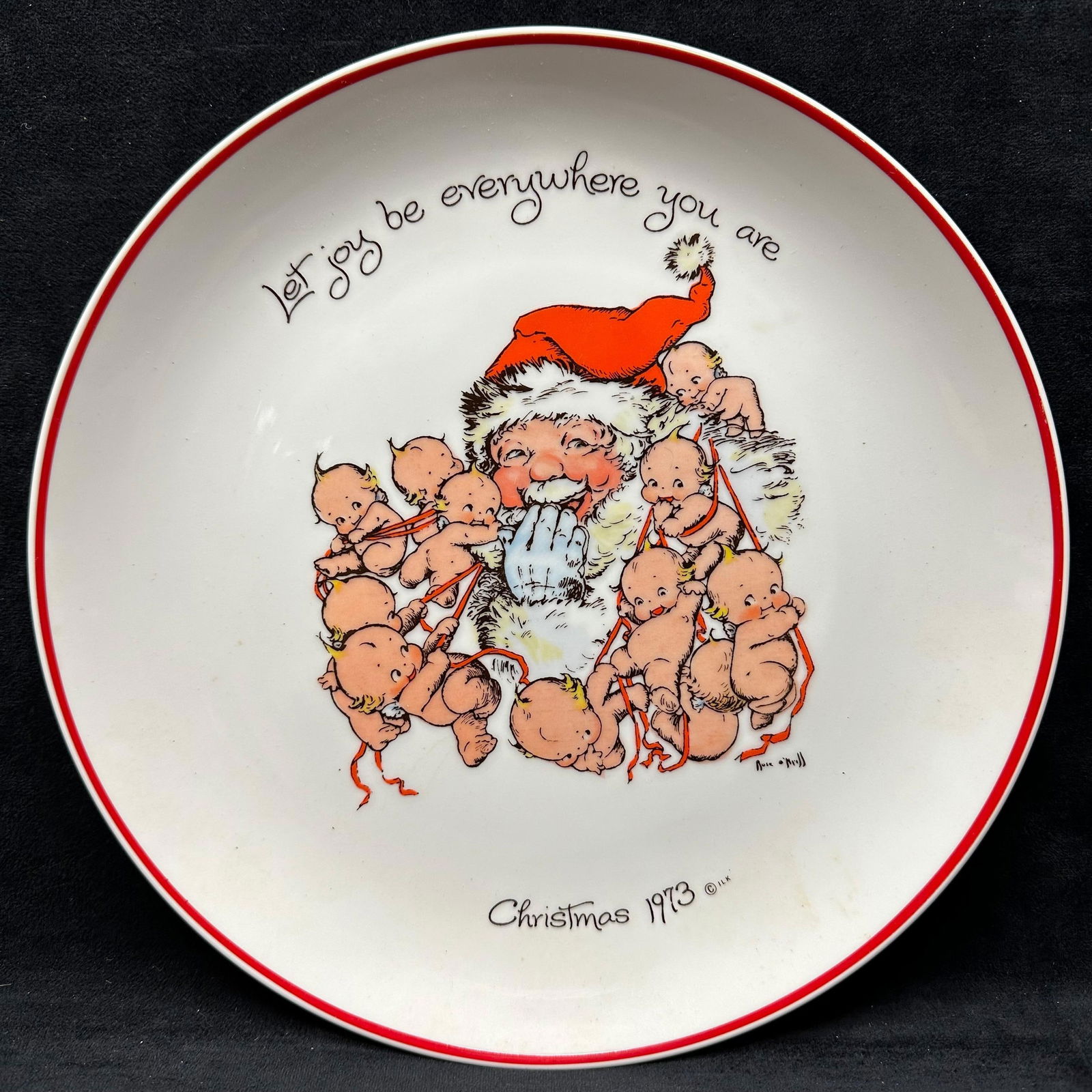 Kewpie Christmas 1973 Collectible Plate Santa with Babies Joy Everywhere: Minor staining is noticed on the plate. This item is in good pre-owned, previously displayed condition with light wear and surface markings. Please reference all photos for full details. Plate: 10