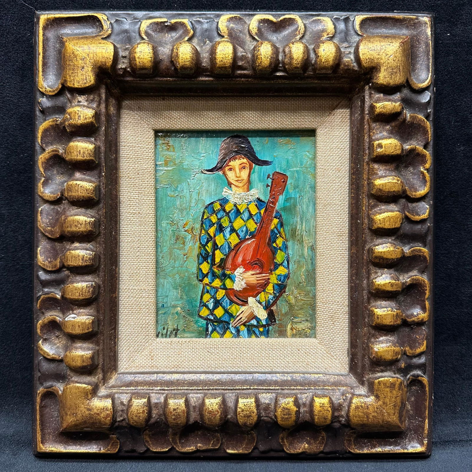 Framed Oil Painting of harlequin Musician Holding Lute String Instrument (1 of 9)