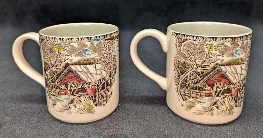 2 Retired Friendly Village Mugs JB A: 2 Retired Friendly Village Mugs JB A. This retired series of fine china was released by the Johnson Brothers, from the year 1953 to the year 2003. Each mug is approximately 5" x 3 1/2" x 3 1/2"