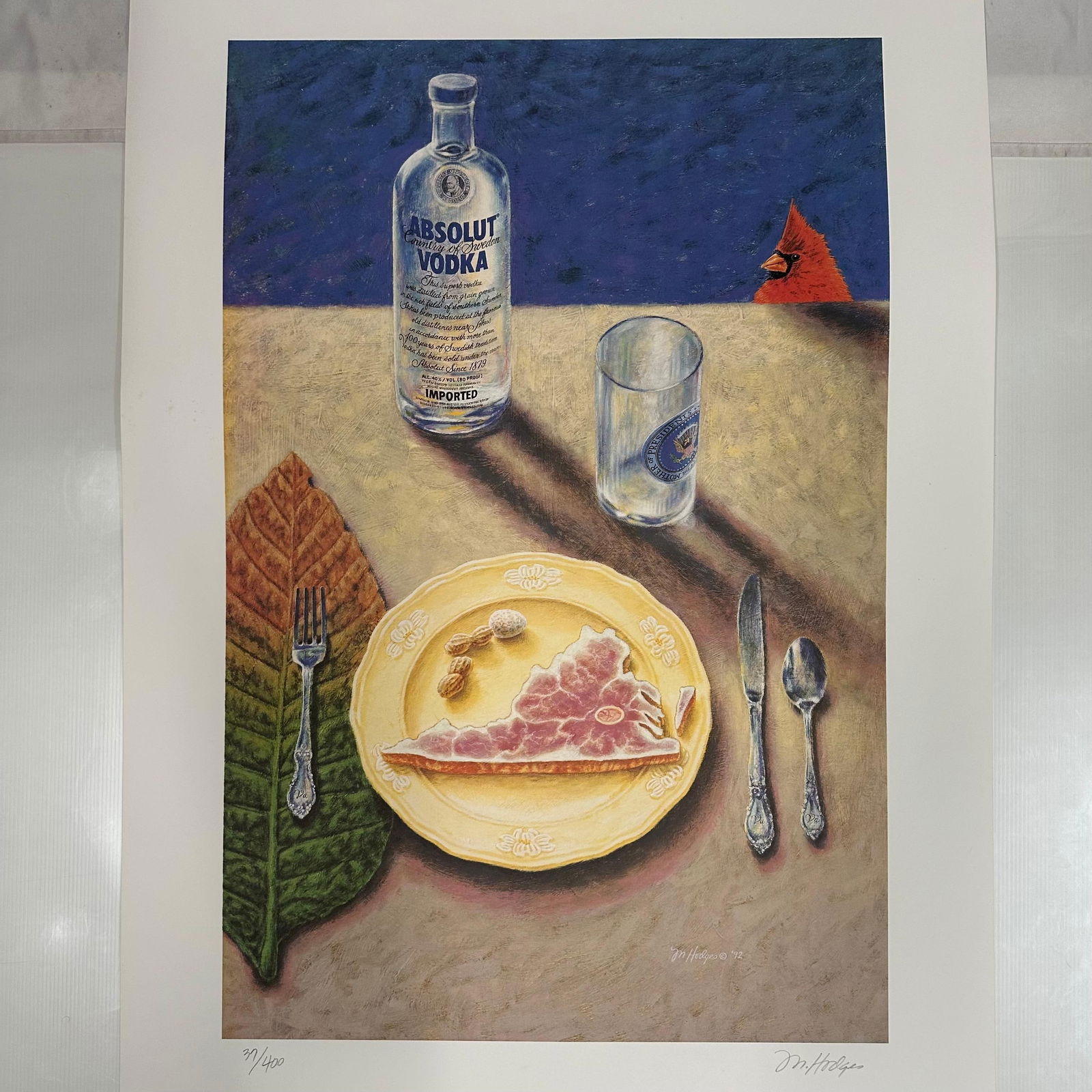 Signed and Numbered Absolut Vodka Statehood Virginia Mike Hodges Print 37/400: Limited edition Absolut Vodka “Statehood” lithograph print on paper. Features the iconic Absolut bottle incorporated into a stylized Virginia-themed landscape composition. Hand-signed by