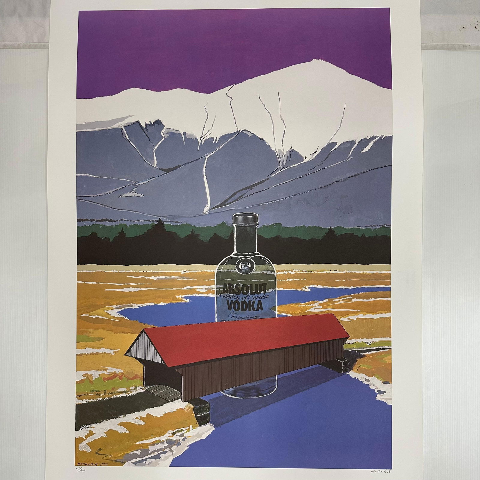 Absolut Statehood New Hampshire Allan McCulloch Print 37/400 Signed and Numbered: Limited edition Absolut Vodka “Statehood” lithograph print on paper. Features the iconic Absolut bottle incorporated into a stylized New Hampshire-themed landscape composition. Hand-signed