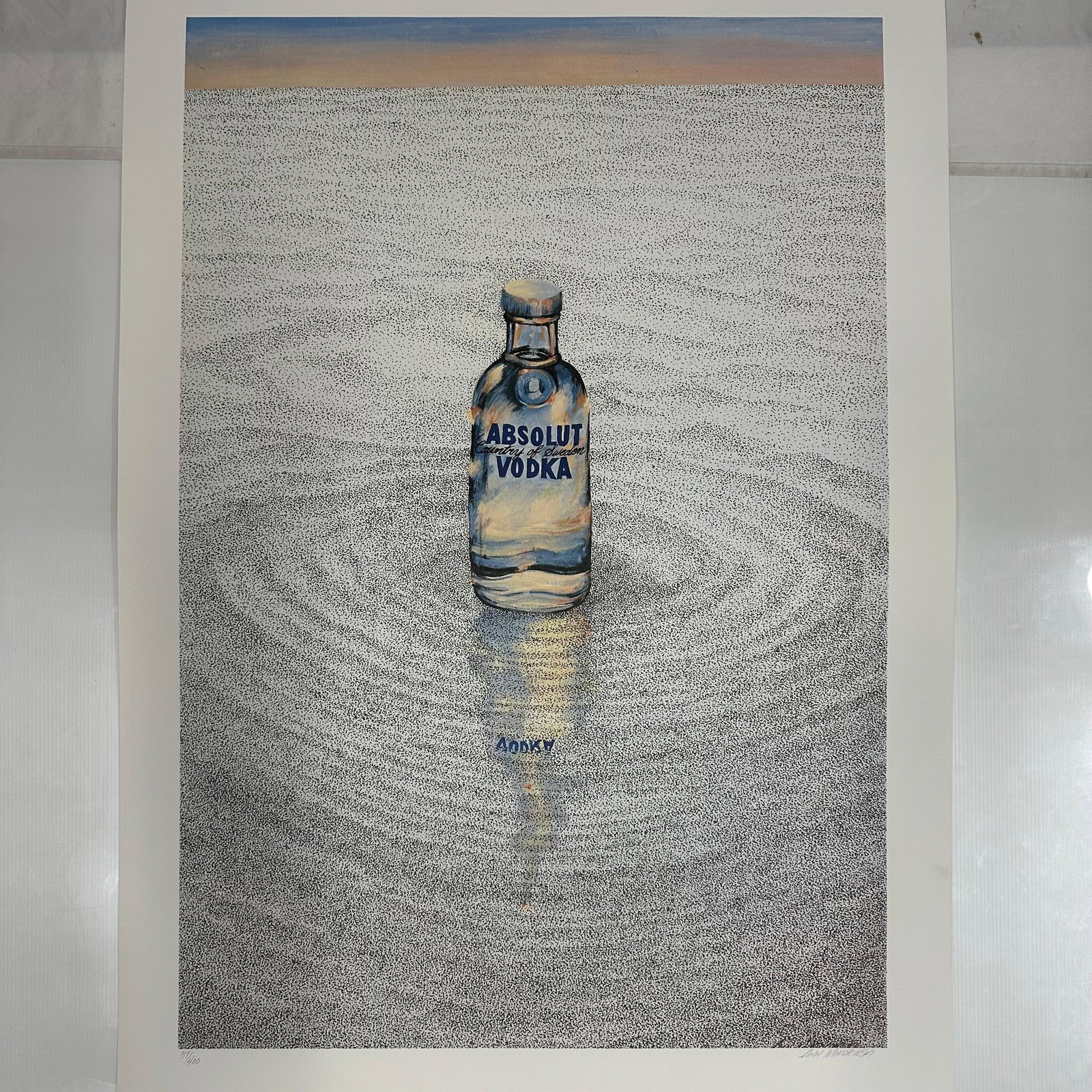 Absolut Vodka Statehood Print Michigan Ann Mikolowski Hand Signed and Numbered: Limited edition Absolut Vodka “Statehood” lithograph print on paper. Features the iconic Absolut bottle set against a stylized Michigan-themed landscape. Hand-signed by the artist, Ann