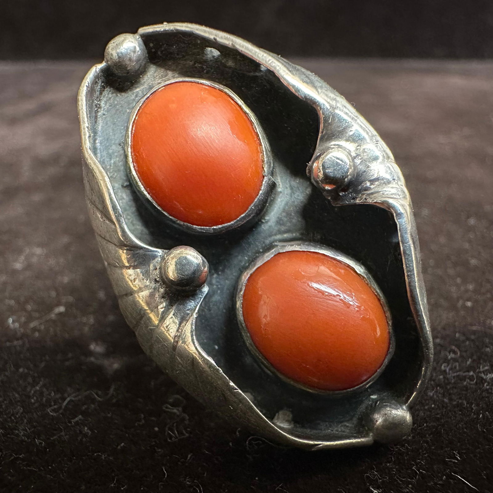 Navajo Native Southwestern Style Two Red Coral Cabochons Silver Ring: This item is in good pre-owned, previously used/displayed condition with noticeable light wear and surface scratches. Please reference all photos for full details. This piece of jewelry has been