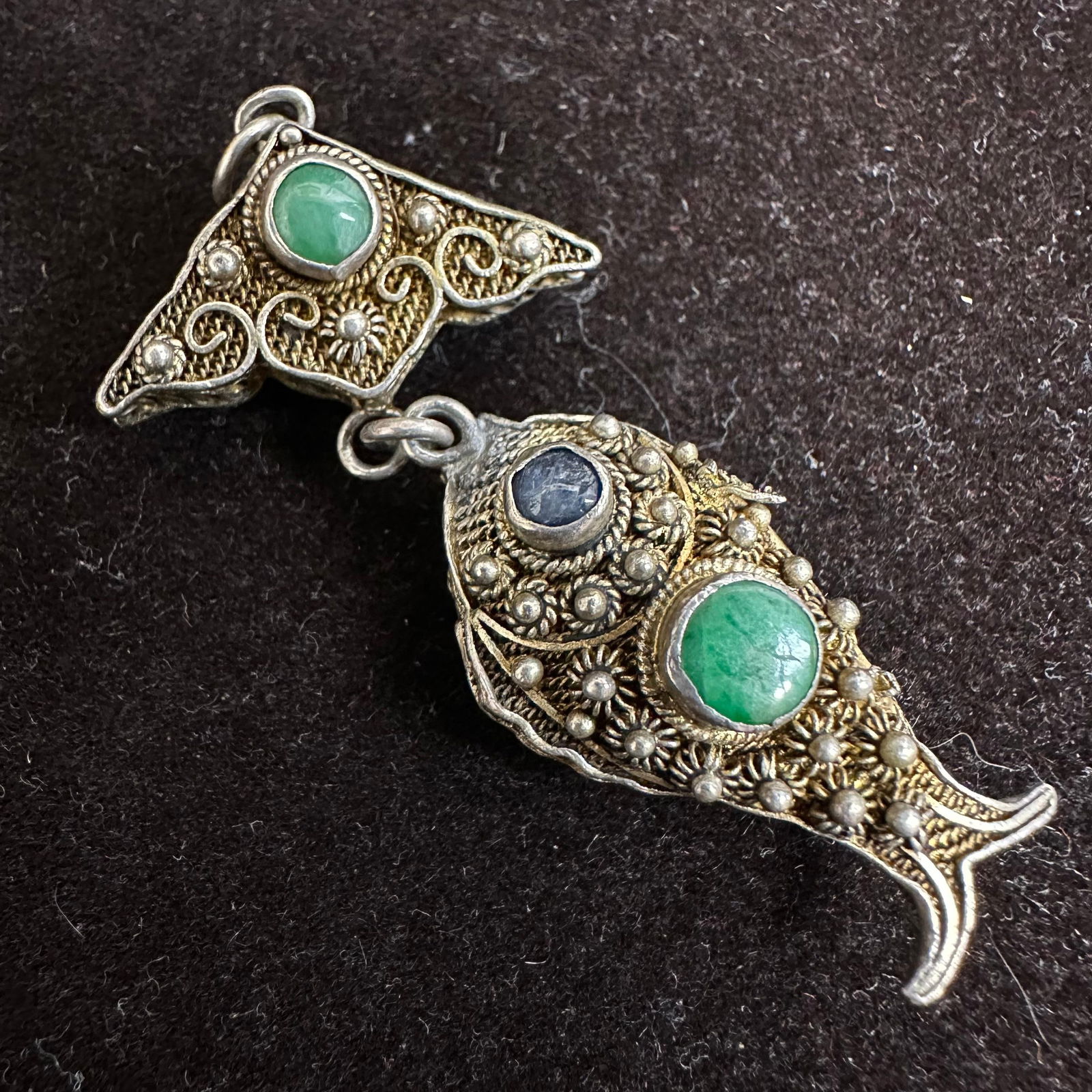 Filigree Fish Gold Tone Vermeil Style Natural Stone Setting Intricate Silver Pendant (1 of 8)