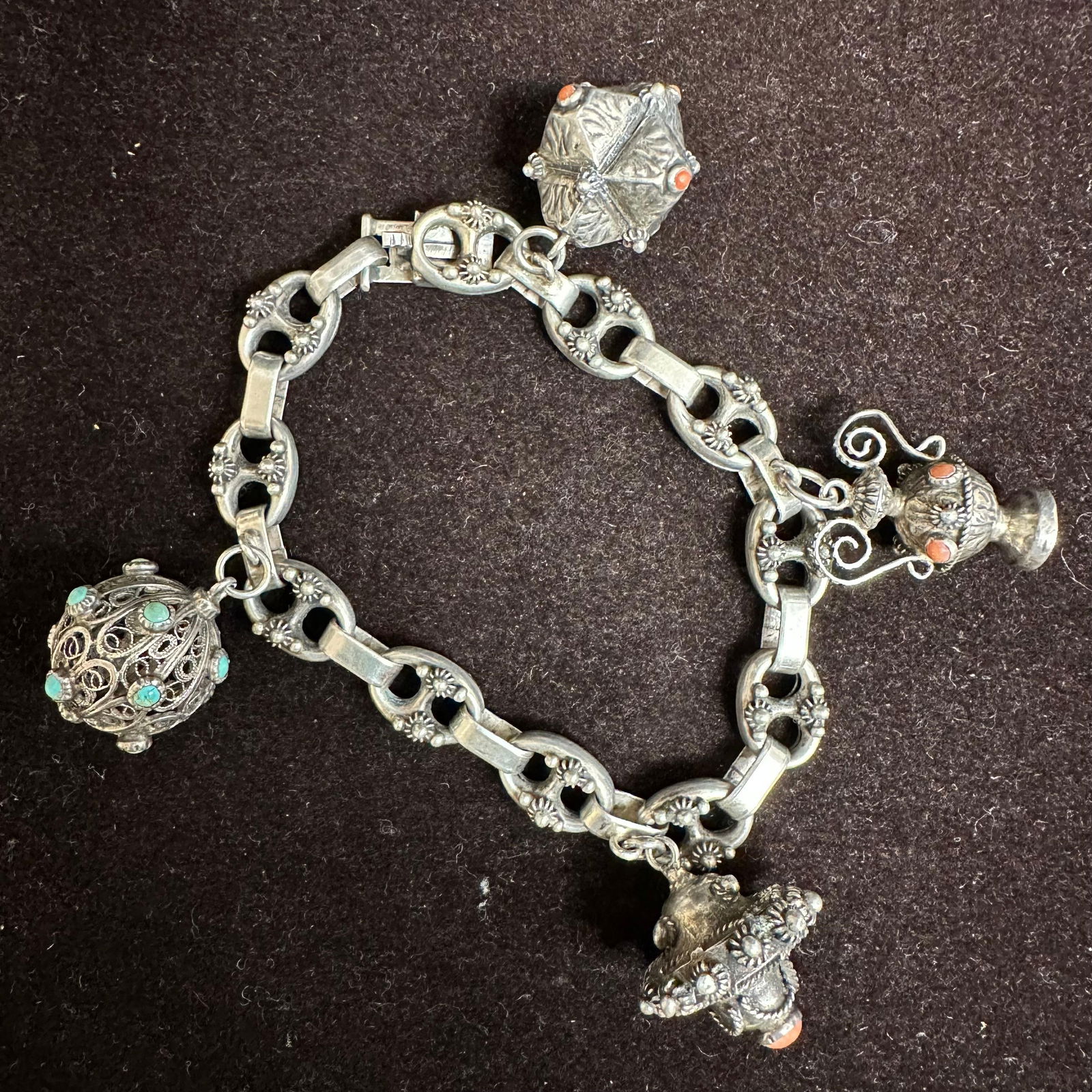 Etruscan Revival Style 800 Silver Four Fob Stone Charms Bracelet L85 (1 of 10)