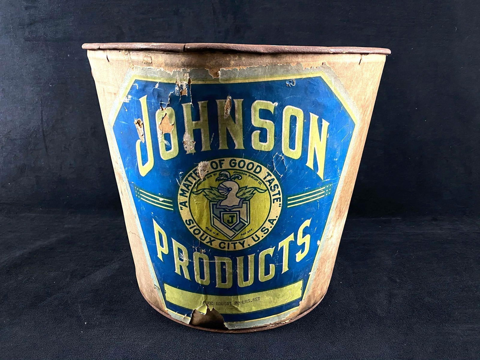 Antique Johnson Products Advertising Sioux City Iowa Chocolate Nougat Biscuit Bucket / Pale (1 of 7)