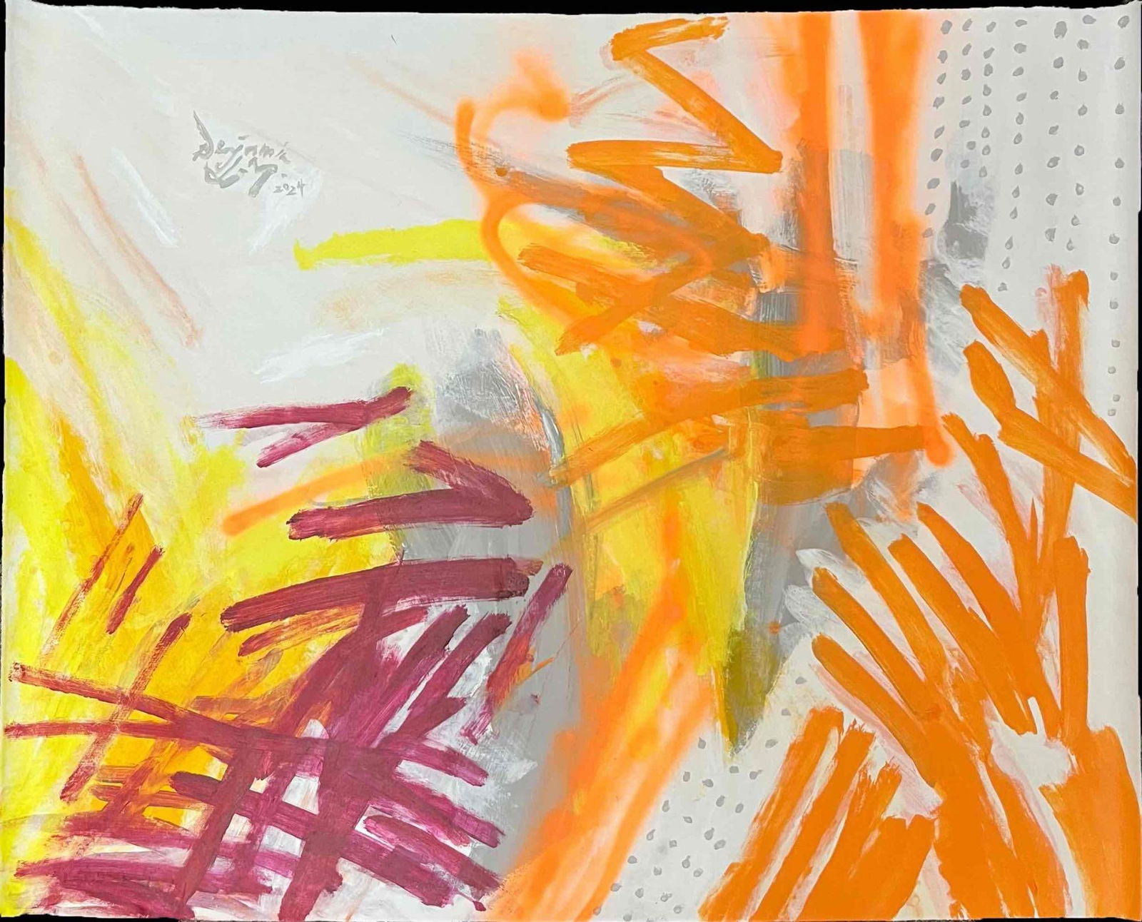 Original Acrylic Paint And Spray Paint On Canvas IMPROVISATION ORANGE YELLOW MAGENTA by BENJAMIN L.M (1 of 16)