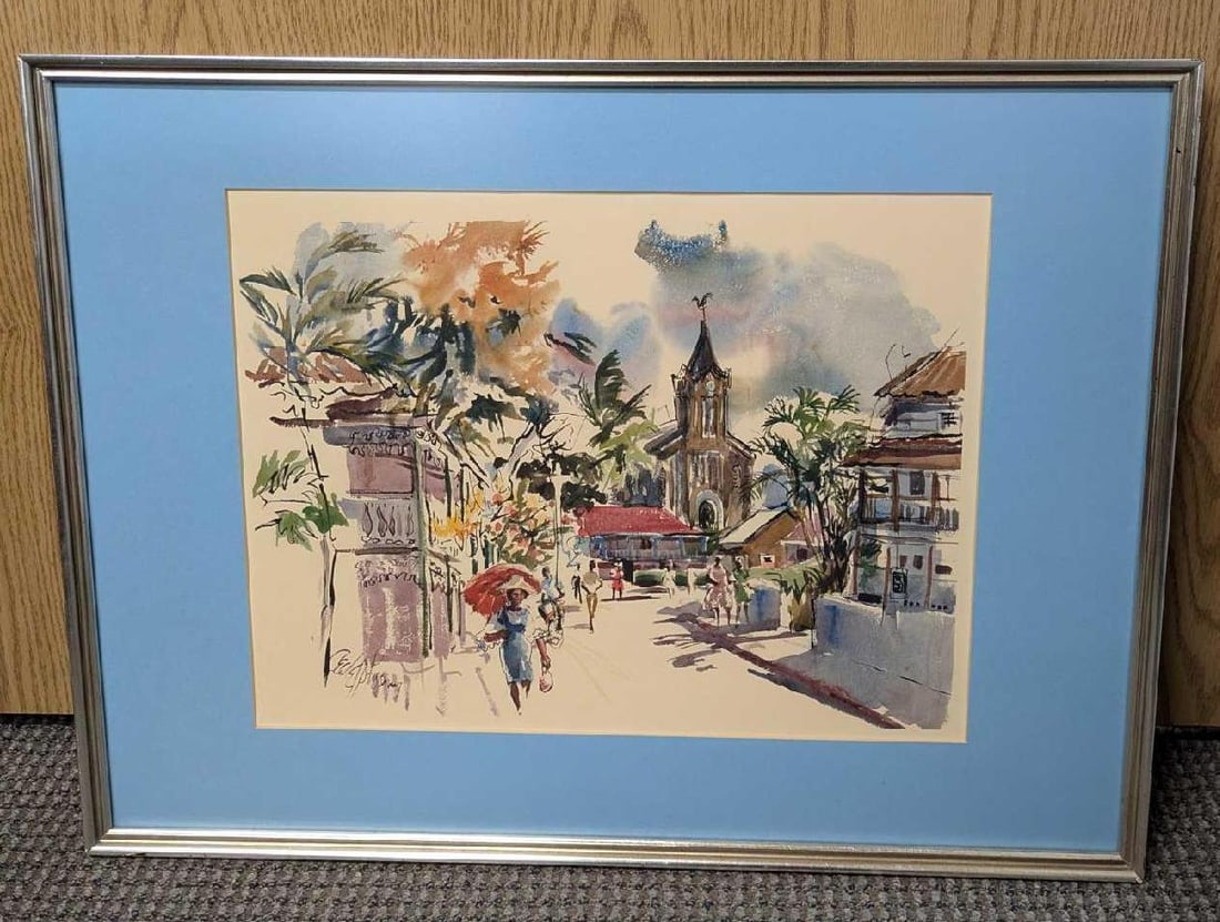 Framed Cecile Ryden Johnson Sunday Morning In Port Antonio Print R72: Framed Cecile Ryden Johnson Sunday Morning In Port Antonio Print R72. The framed print is approx 24 3/4" x 3/4" x 18 1/2" and it weighs 4.60lbs. Please note, the signature is part of the print and