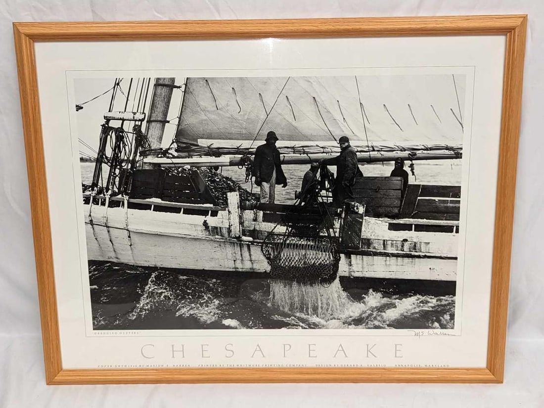 M. E. Warren Dredging Oysters Framed Print: M. E. Warren Dredging Oysters Framed Print. Please note, the print's signature is part of the print and not an original. The framed print is approx 27 1/2" x 1" x 21 1/2" and it weighs